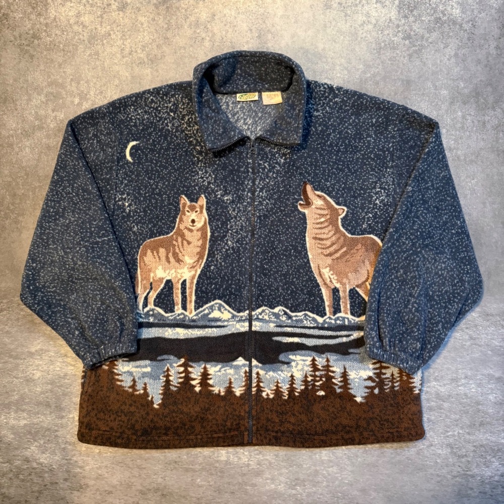 Vintage Collections Etc Wolf Fleece Jacket Mens XXL Blue Nature Scene Full Zip